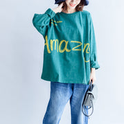 T-Shirt aus feiner Baumwolle mit grünem Alphabet-Stickerei-Pullover plus Größe mit Fledermausärmeln