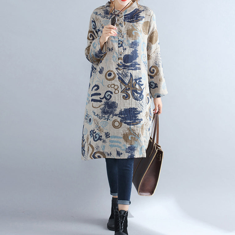 floral pure cotton dress casual dress Elegant stand collar long sleeve ...