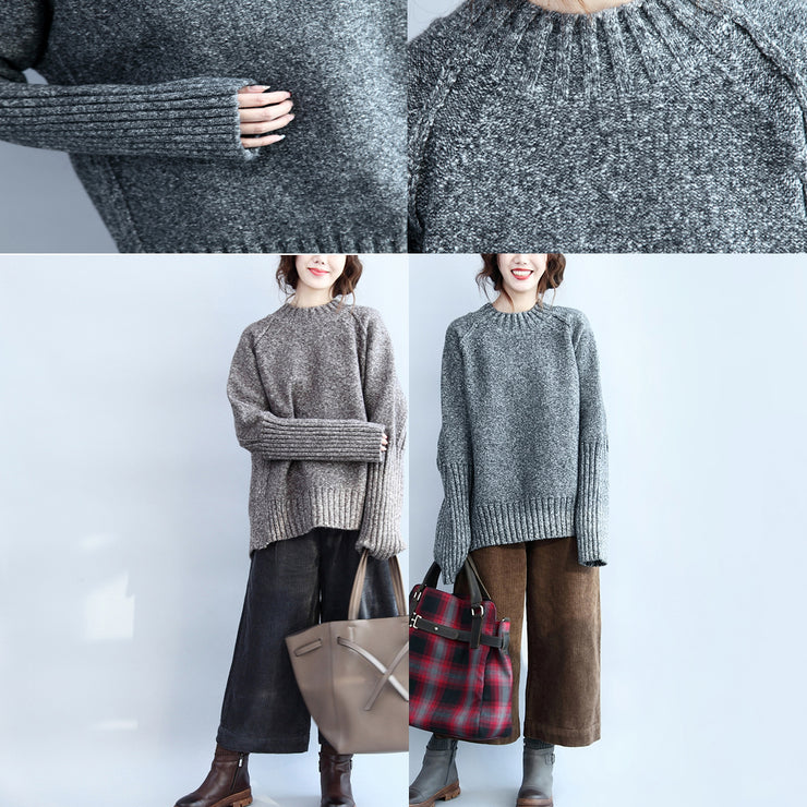 gray 2021 casaul cotton sweater plus size back side open long sleeve knit tops