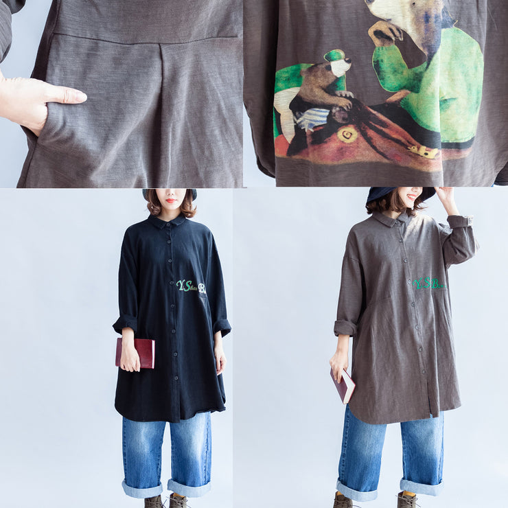 graue Herbst-Rückendruck-Baumwollhemden übergroße Front-Stickerei-Alphabet-Revers-Bluse