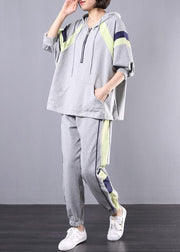 gray cotton casual two pieces hooded plus size top and elastic waist pants - SooLinen