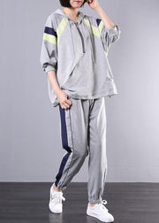 gray cotton casual two pieces hooded plus size top and elastic waist pants - SooLinen