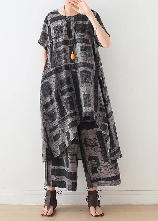 gray prints casual Chiffon two pieces side open tops and elastic waist wide leg pants - SooLinen