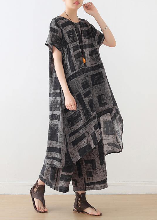 gray prints casual Chiffon two pieces side open tops and elastic waist wide leg pants - SooLinen
