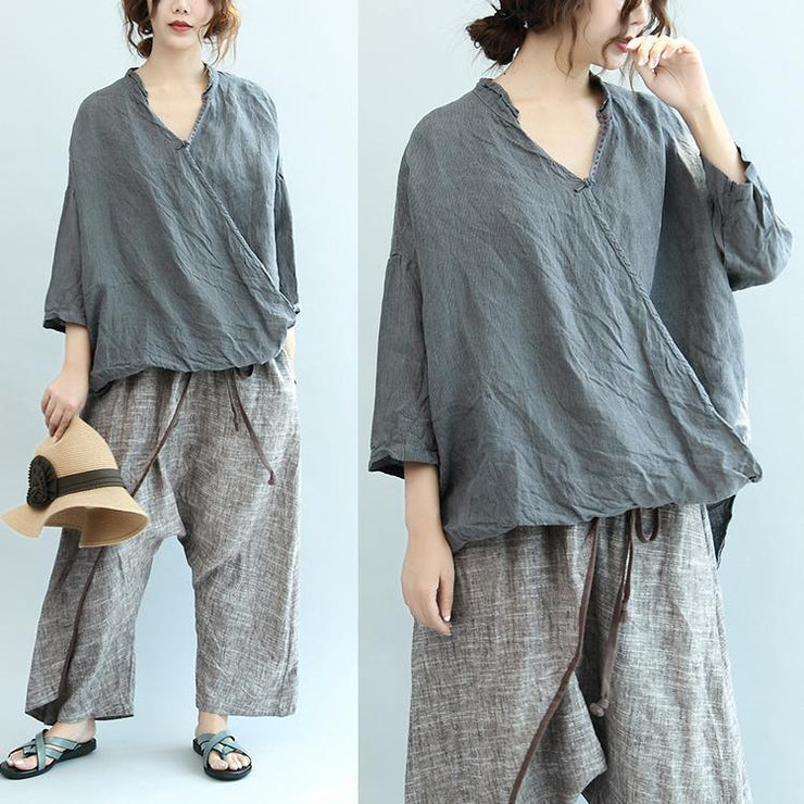 gray vintage linen blouse oversize Chinese Button o neck t shirt