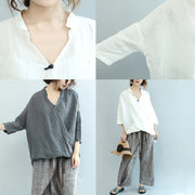 gray vintage linen blouse oversize Chinese Button o neck t shirt
