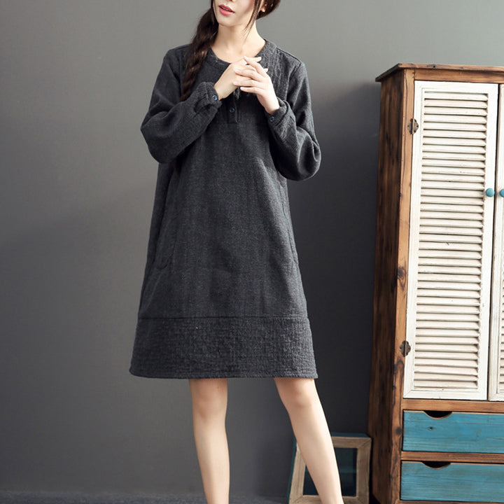 gray warm cotton linen dresses plus size casual long sleeve mid dress 2021