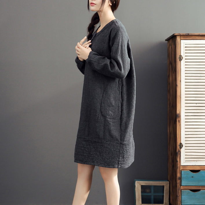 gray warm cotton linen dresses plus size casual long sleeve mid dress 2024
