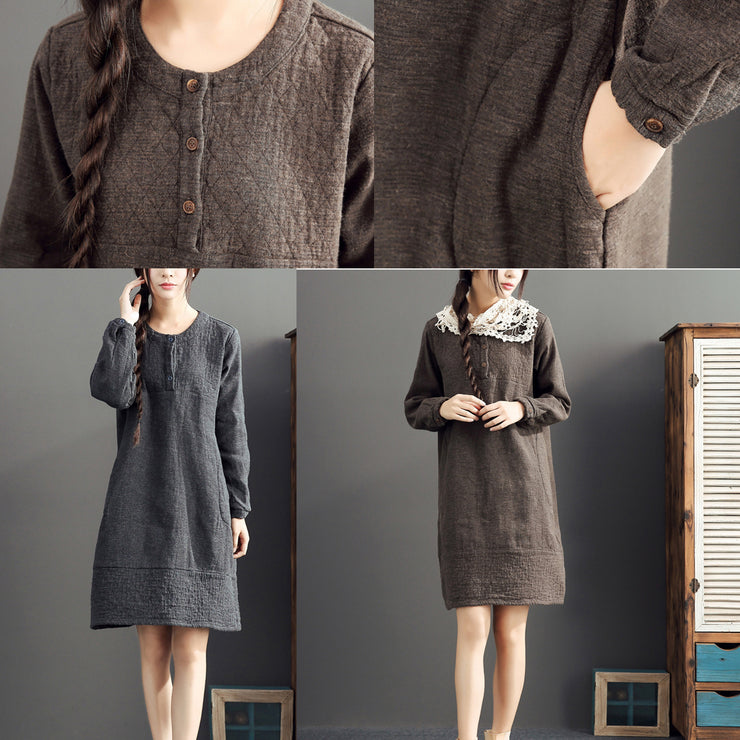 graue, warme Baumwoll-Leinen-Kleider in Übergröße, lässiges, langärmliges, mittellanges Kleid 2021