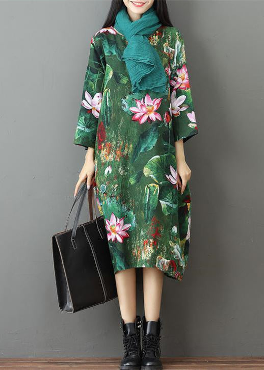 Green Prints Linen Maxi Dress Casual Traveling Dress Casual Bracelet Sleeve Gown