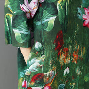 Green Prints Linen Maxi Dress Casual Traveling Dress Casual Bracelet Sleeve Gown
