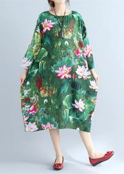 green prints linen shift dresses Loose fitting holiday 2018 wild  long sleeve linen clothing dresses