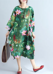 green prints linen shift dresses Loose fitting holiday 2018 wild  long sleeve linen clothing dresses