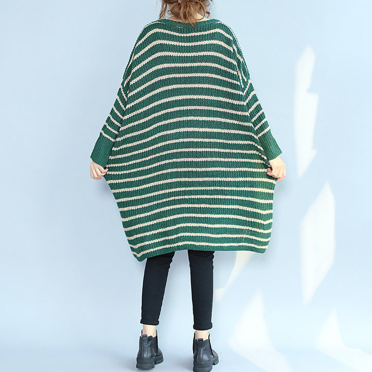 green striped autumn winter woolen blended knit dresses baggy loose batwing sleeve sweater dress