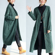 green vintage women long parka coat plus size v neck woolen trench long cardigans