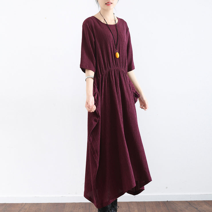 half sleeve burgundy baggy plus size dress pleated silk dresses long silk maxi dress tunic gown
