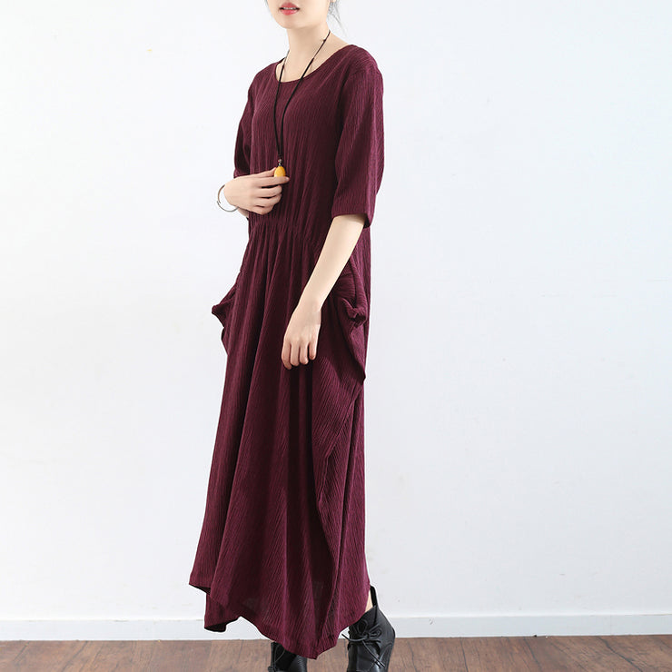 half sleeve burgundy baggy plus size dress pleated silk dresses long silk maxi dress tunic gown