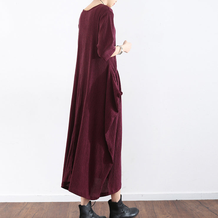 half sleeve burgundy baggy plus size dress pleated silk dresses long ...
