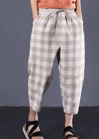 khaki plaid cotton pants plus size drawstring casual pants - SooLinen