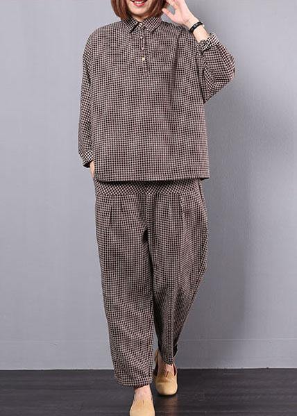 khaki plaid vintage cotton linen two pieces long sleeve shirt with women casual pants - SooLinen