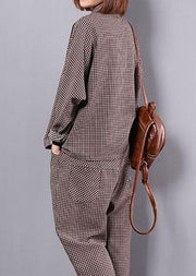khaki plaid vintage cotton linen two pieces long sleeve shirt with women casual pants - SooLinen