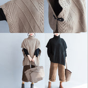 khaki unique cotton sweater high neck  plus size side open button sleeveless knit tops