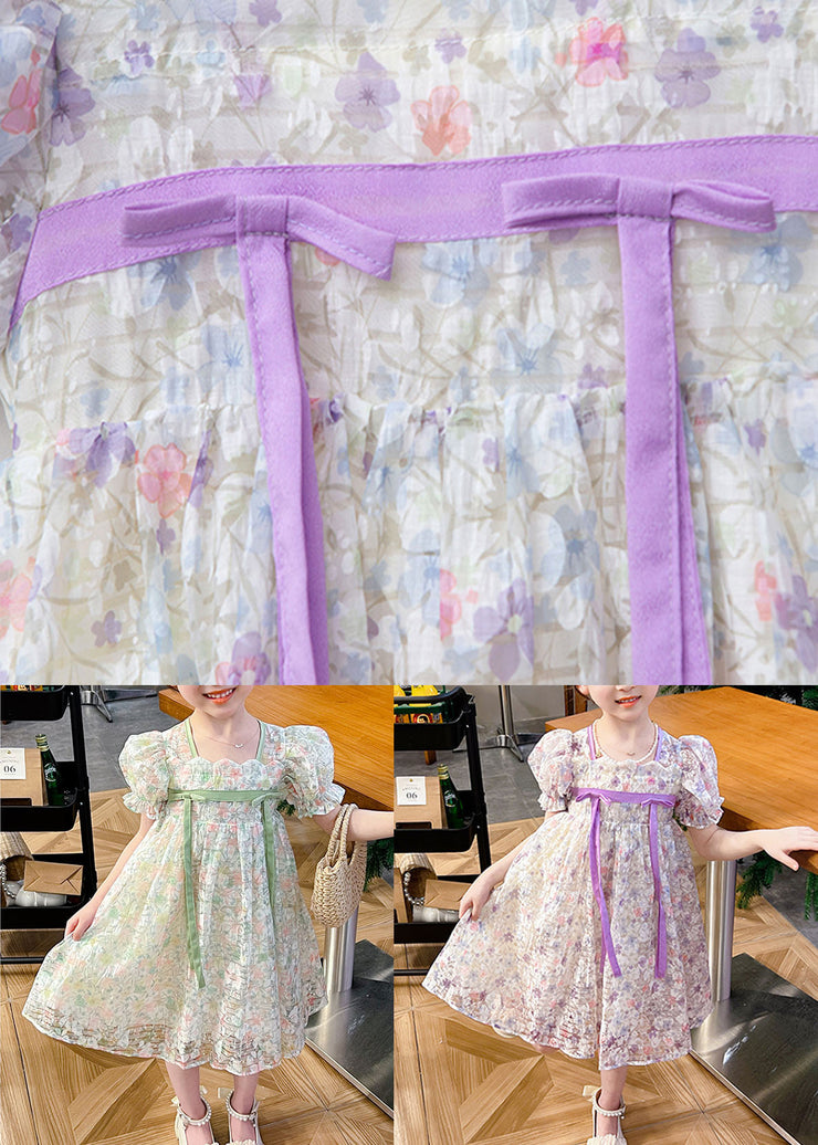 light Purple Print Patchwork Tulle Baby Girls Dress Wrinkled Summer