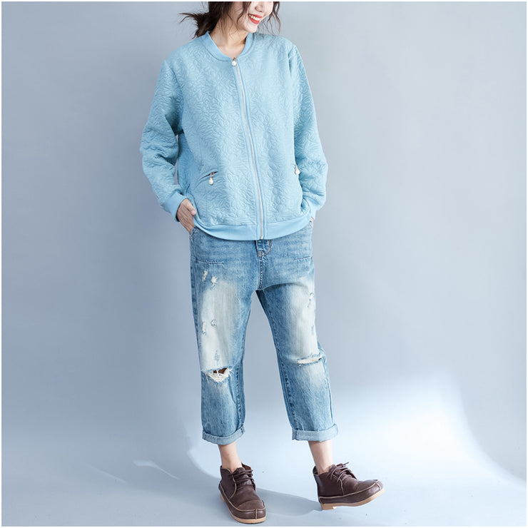light blue jacquard loose cotton jackets plus size zippered cardigans outwear