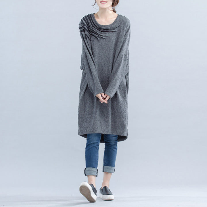light gray unique cotton dress plus size Cinched batwing sleeve dress