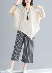 loose two pieces asymmetric white t shirts and striped pants - SooLinen