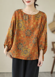 lus Size Orange Oversized Print Cotton Shirt Tops Lantern Sleeve