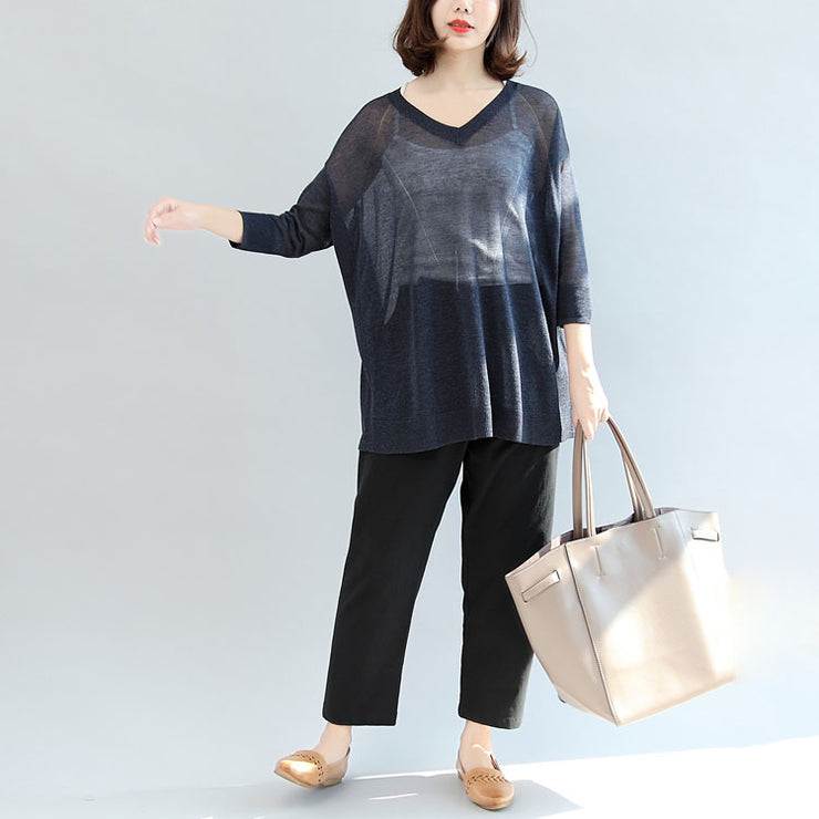 Marineblaue, lässige Strickoberteile plus Größe Pullover mit V-Ausschnitt T-Shirt
