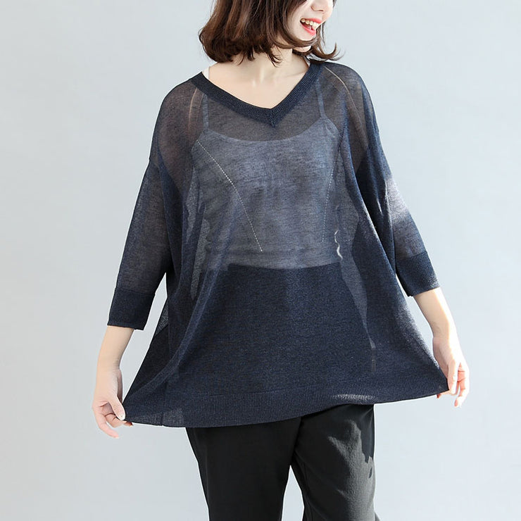 Marineblaue, lässige Strickoberteile plus Größe Pullover mit V-Ausschnitt T-Shirt