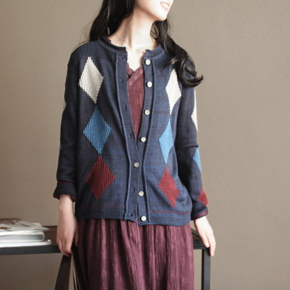 navy patchwork woolen knit cardigans casual loose long sleeve sweater outwear