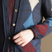 Marineblaue Patchwork-Strickjacken aus Wolle, lässige, lockere, langärmlige Pullover-Oberbekleidung