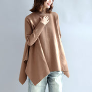 new 2021 khaki fashion knit tops plus size asymmetric large hem high neck sweaters