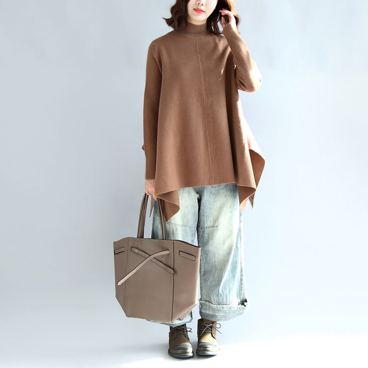 new 2024 khaki fashion knit tops plus size asymmetric large hem high neck sweaters