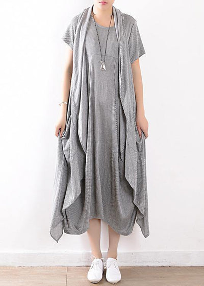 new 2019 gray linen two pieces sleeveless cardigans and o neck maxi dress - SooLinen