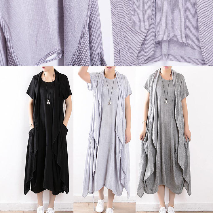 new 2019 gray linen two pieces sleeveless cardigans and o neck maxi dress - SooLinen
