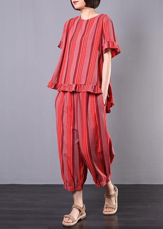 new 2019 red striped two pieces red ruffles low high design tops and elastic waist harem pants - SooLinen