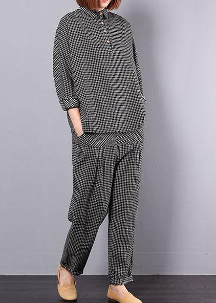 new autumn black plaid cotton lapel collar long sleeve shirt and patchwork elastic waist pants two pieces - SooLinen