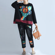 new autumn black prints cotton tops plus size casual patchwork o neck batwing pullover