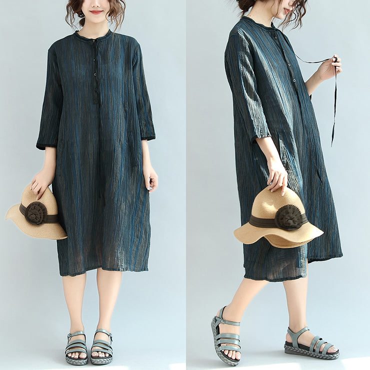 new autumn dark blue linen drsses plus size vintage maxi dress