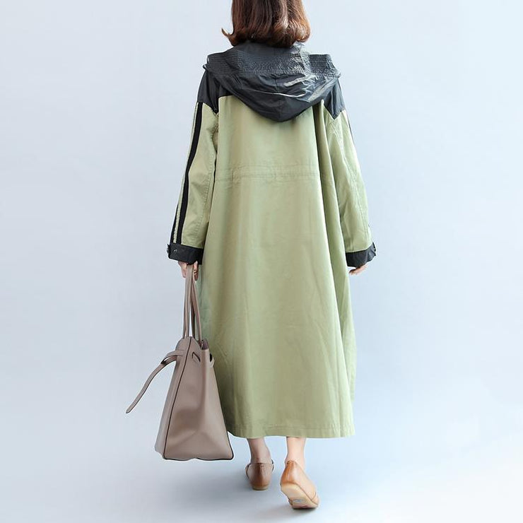 new autumn linght green patchwork cotton outwear plus size hooded maxi coat