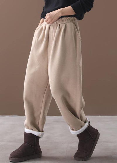 new beige winter casual trousers elastic waist thick harem pants - SooLinen