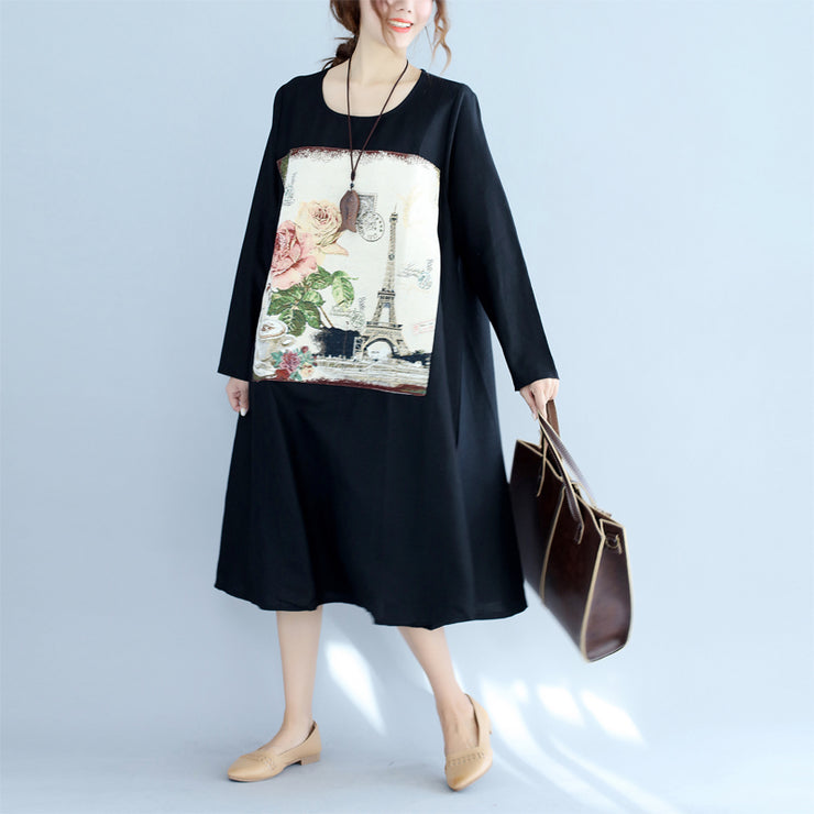 new black print cotton linen dresses plus size long sleeve maternity dress