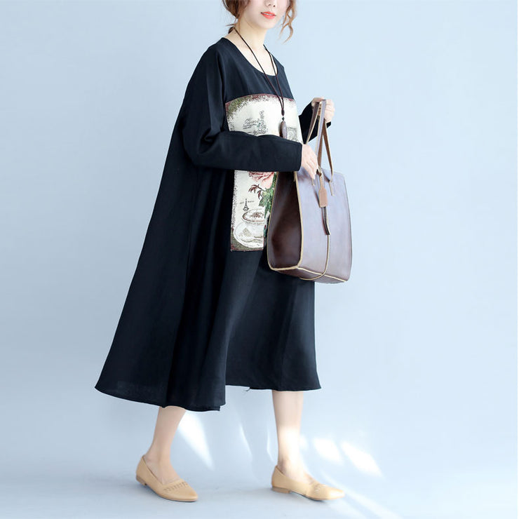 neue schwarze bedruckte Baumwoll-Leinen-Kleider in Übergröße, langärmliges Umstandskleid