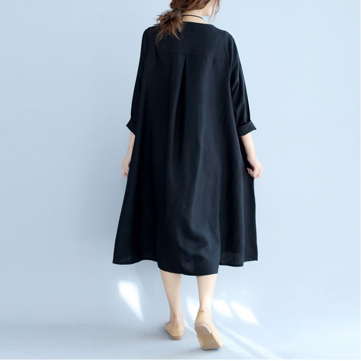 neue schwarze bedruckte Baumwoll-Leinen-Kleider in Übergröße, langärmliges Umstandskleid