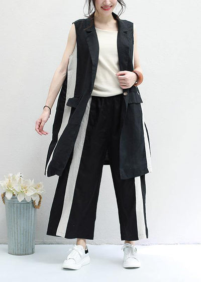 new black striped casual waistcoat and elastic waist wide leg pants - SooLinen