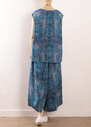 new blue prints linen loose tops and casual elastic waist crop pants - SooLinen